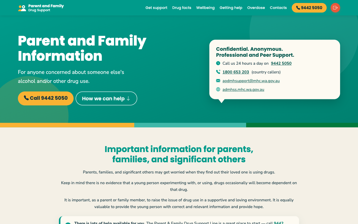 Parent and Family Drug Support website homepage with a 24-hour support line and clear navigation